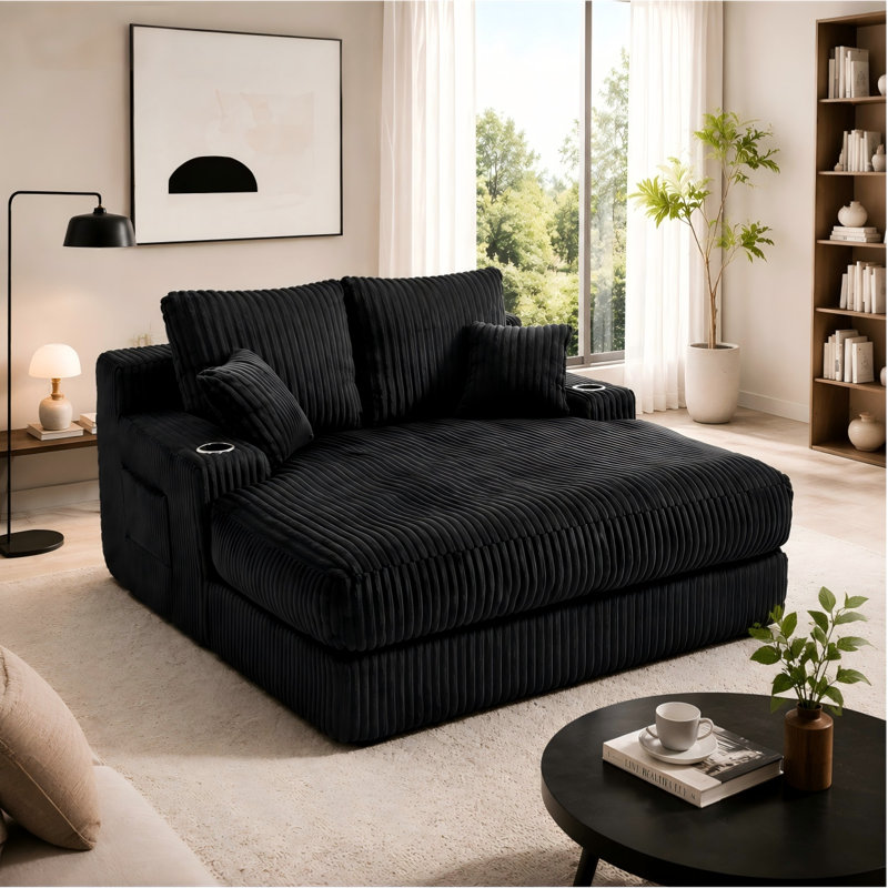 Fauteuil convertible en lit d'intérieur, 152 cm, en velours côtelé, avec 2 porte-gobelets, 2 poches latérales, coussins et accoudoirs. Parfait pour le salon, une chambre d'étudiant ou une chambre d'amis. Aucun assemblage requis. Couleur : noir.