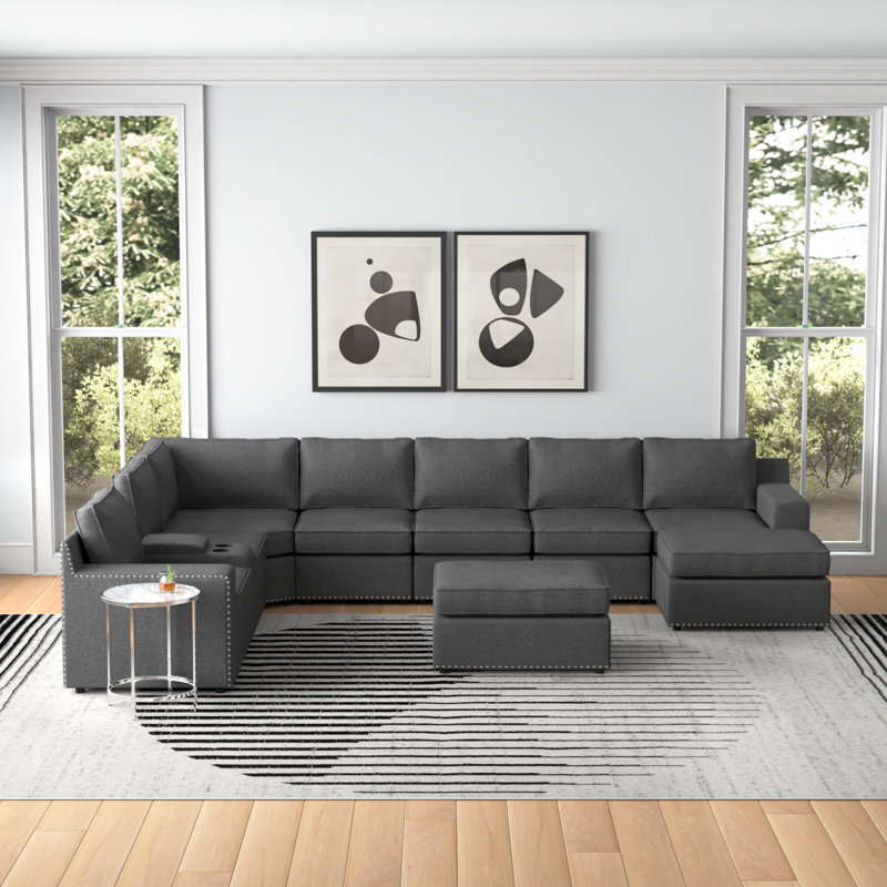 Arhab Upholstered U-Shaped Sectional Reversible, Dark Gray Polyester Blend