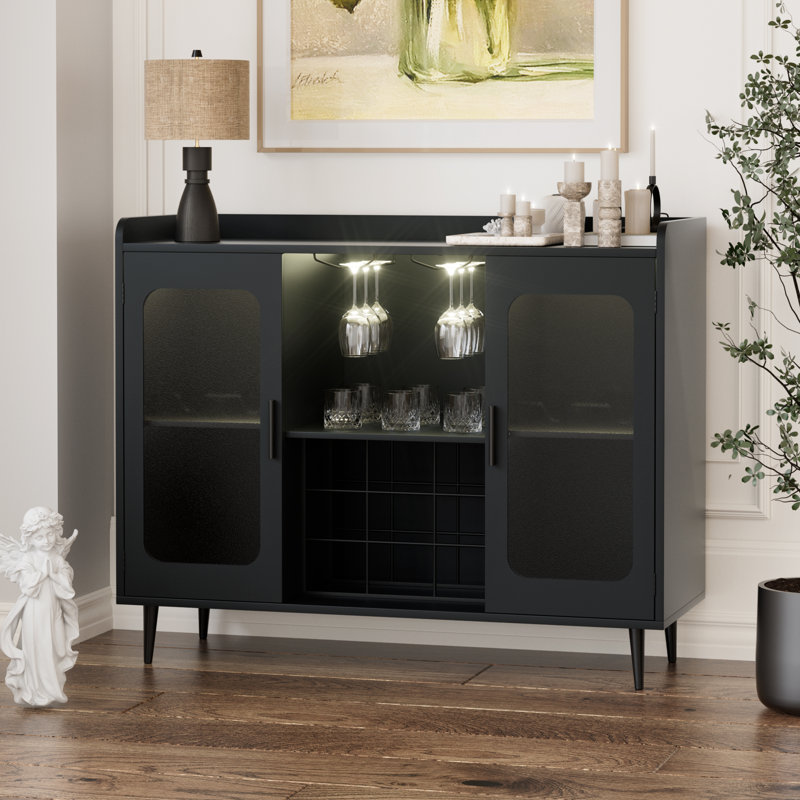 Xachary 40'' Wine Bar Cabinet with 4-Tier Storage for Glasses with LED Lights, Sideboard with Doors, Black