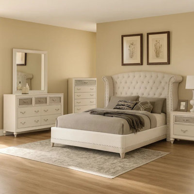 Dini Glam 5Pc Queen Bedroom Set, Tufted Wingback In White Velvet