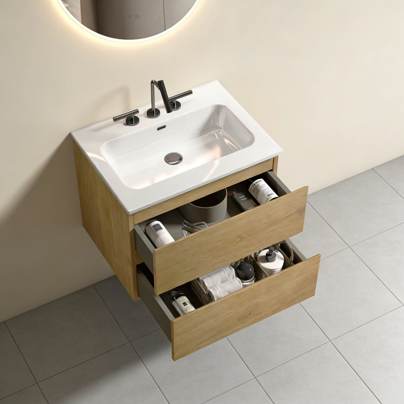 Meuble-lavabo mural avec lavabo en céramique avec trois trous de robinet, grand meuble-lavabo flottant de rangement pour salle de bain moderne, pré-assemblé