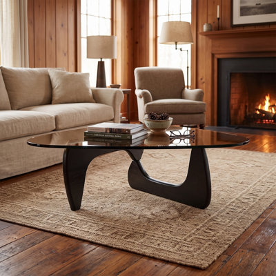 Table basse moderne avec plateau en verre fumé et base sculpturale noire, table de centre minimaliste Mid-Century pour le salon, robuste et élégante, 42 pouces