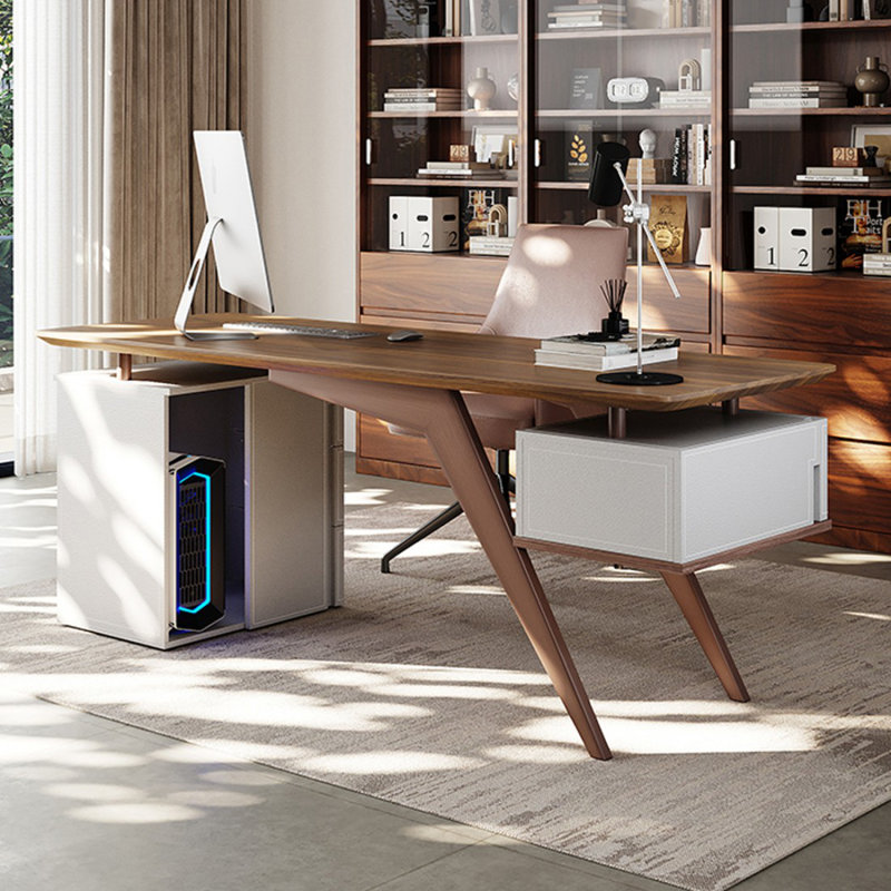 Bureau à 4 tiroirs brun noisette + blanc beige + bois manufacturé rectangulaire champagne + acier au carbone, Retour à droite