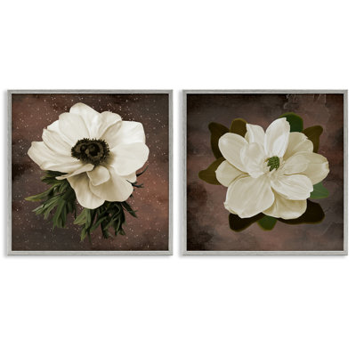 White Flowers on Brown 2pc Framed Giclee Set, design by Jennifer Stith
