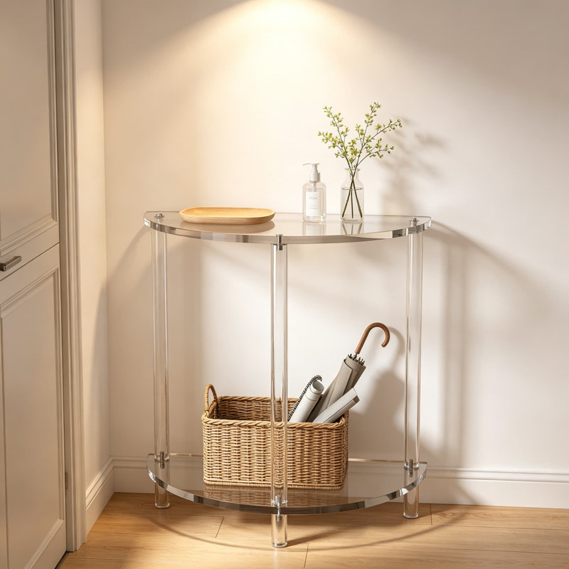Console demi-ronde en acrylique, table d'entrée moderne transparente avec rangement à deux niveaux, table d'appoint gain de place pour couloir, hall d'entrée, salon, étagère d'exposition en acrylique transparent imperméable