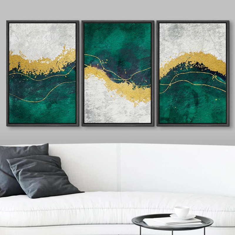 Formes géométriques abstraites géométriques dorées et vertes modernes sur toile, impression 3 pièces, Cadre flottant noir