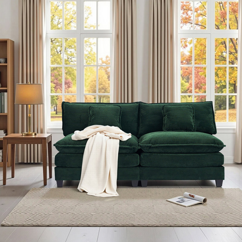 Modular 2-Seater Sofa Couch with Corduroy Upholstery, Green