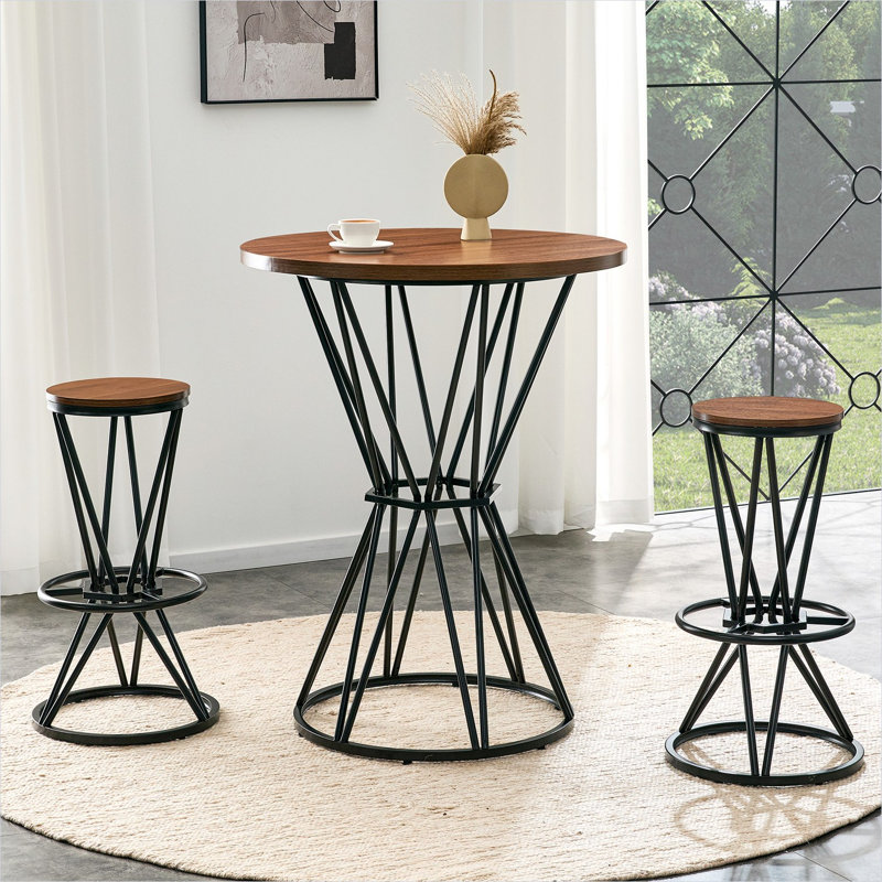 Ensemble de table de bar compacte 3 pièces avec 2 tabourets, plateau rond en panneau de fibres à densité moyenne noyer 31,5 po, structure en métal noir élégant, ensemble de comptoir de cuisine industriel