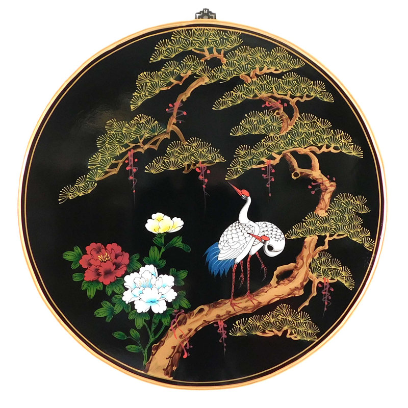 Panneau mural rond oriental peint à la main avec grue et paysage asiatique, H 30 po x l 30 po