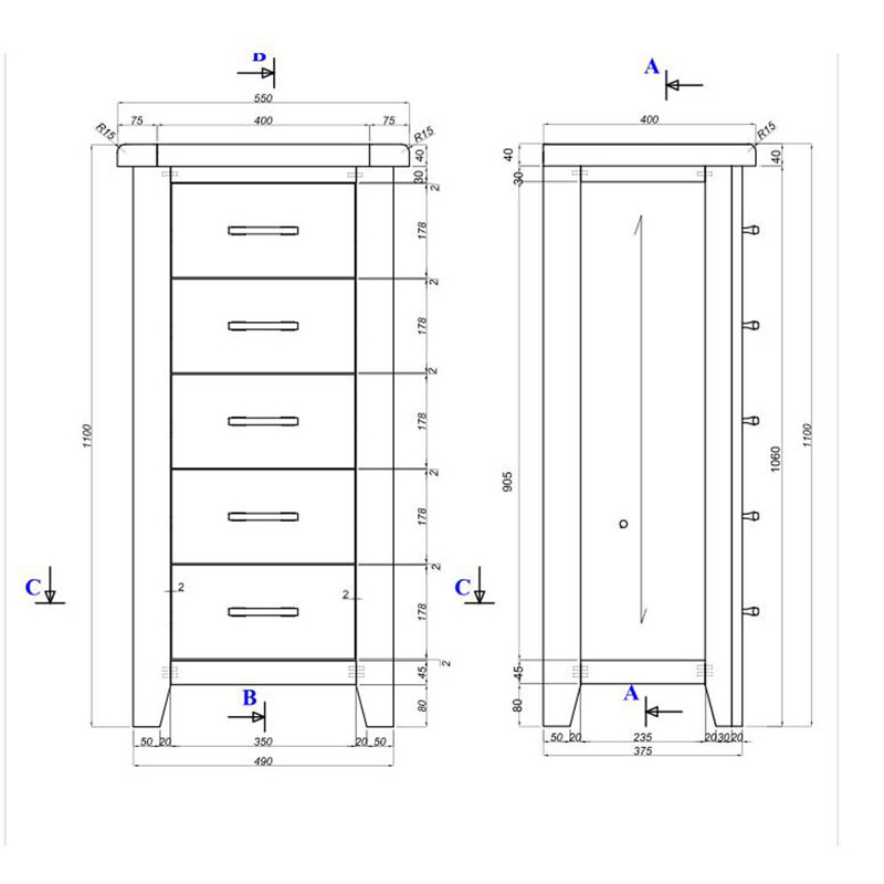 Ashly Solid Wood 55 cm W Chest of 5 Drawers