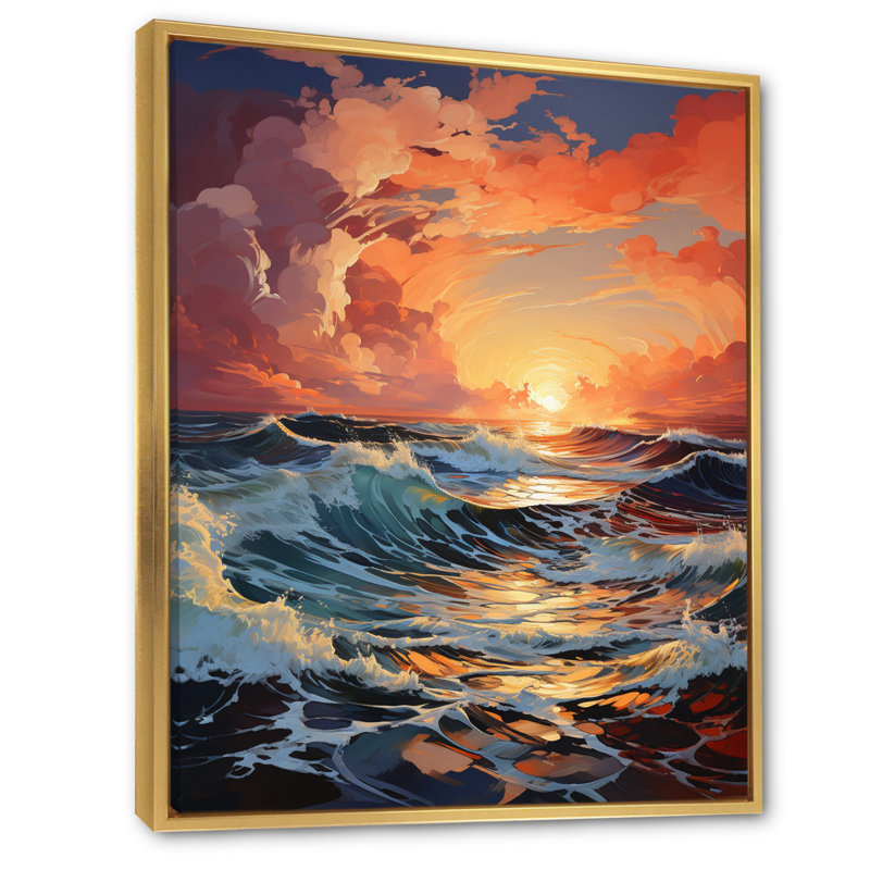 Orange, bleu sarcelle, vagues côtières I - impression, H 32 po x l 16 po x P 1 po, Cadre flottant doré