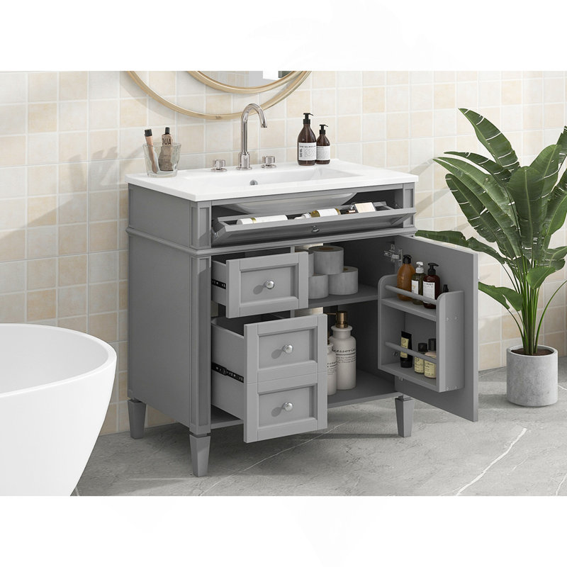 Meuble-lavabo de 30 po avec lavabo supérieur, meuble-lavabo moderne avec 2 tiroirs et tiroir escamotable, meuble-lavabo simple