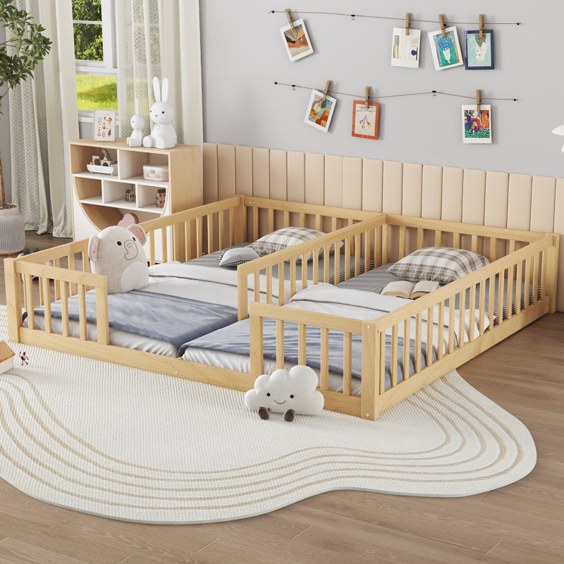 Lit double double avec clôture, garde-corps, lit Montessori sans porte pour filles, aucun sommier, Brun