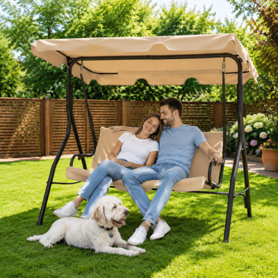 Khaki Porch Swing with Adjustable Canopy, Outdoor Glider Bench with Thick Cushions & Steel Frame, 3 seat Patio Swing Chair