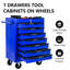Coffre à outils 20 po 7 po, chariot roulant en acier avec glissières de tiroir à roulement, noir et bleu, verrouillage par clé, 4 roulettes universelles pour chariot d'atelier d'organisation de garage, matériau métallique, mécanisme de verrouillage