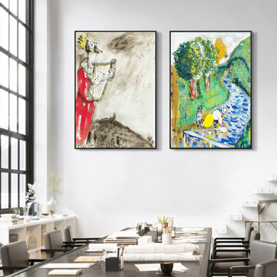 Reproduction d'art numérique sur toile encadrée, 2 pièces par Marc Chagall, série d'art mural n ° 21 pour les décorations de bureau à domicile (cadre de couleur bois mince, 18 po x 24 po chaque pièce)