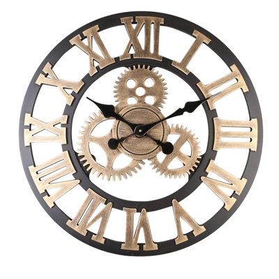 3D Rustic Handmade Wall Clock Gear Wooden Vintage Decor for Living Room/Office/Bar 58cm Gold