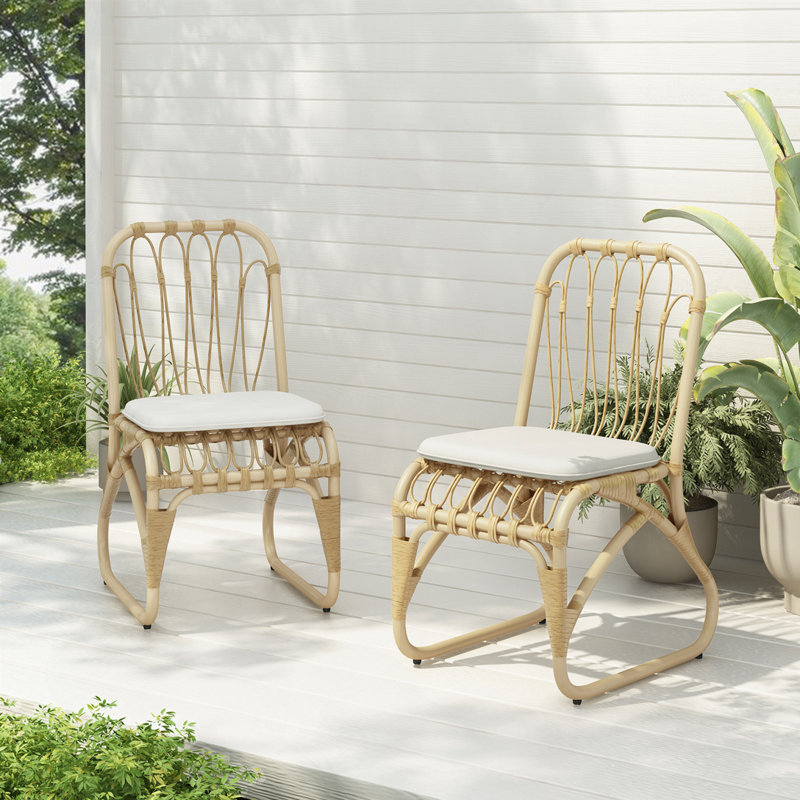 Ensemble de 2 chaises d'extérieur en osier avec coussins lavables PE, Blanc/naturel