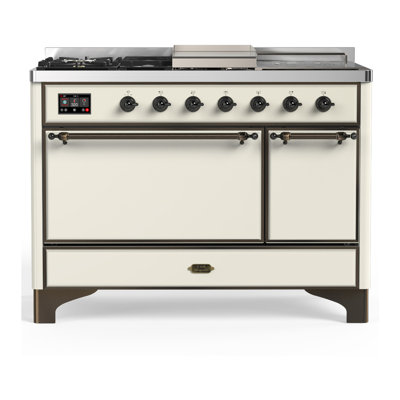 Cuisinière à double combustible de 48 pouces avec 5 brûleurs scellés de la série Majestic III et plaque chauffante en blanc antique (gaz naturel, garniture brunie)