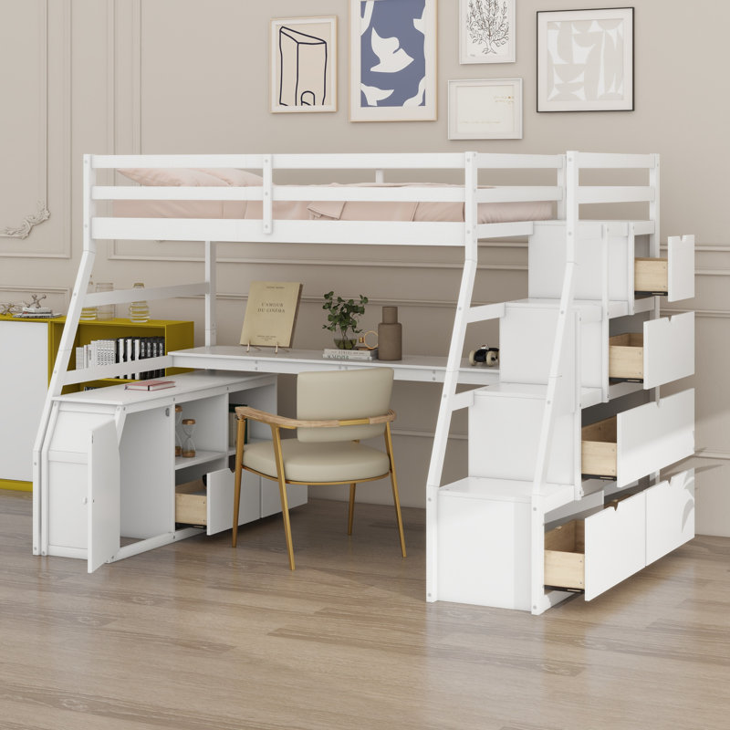 Lit mezzanine avec tiroirs, tablettes et bureau, Blanc