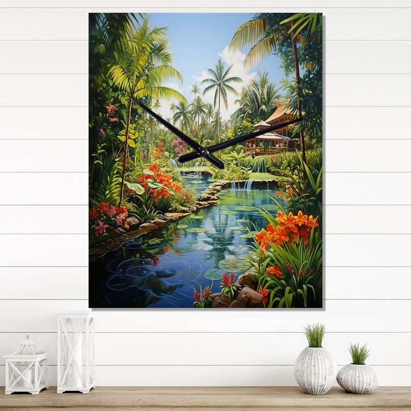 Bali Bliss Landscape II - Horloge murale asiatique surdimensionnée, H 40 po x l 30 po x P 1 po