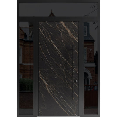 Façade avant en acier pré-suspendue / Dekton 0118 noir naturel / 2 côtés et fenêtre extérieure supérieure Sidelite / Entrée en métal peint moderne l 14 + 36 + 14 po x H 96 + 16 po à gauche