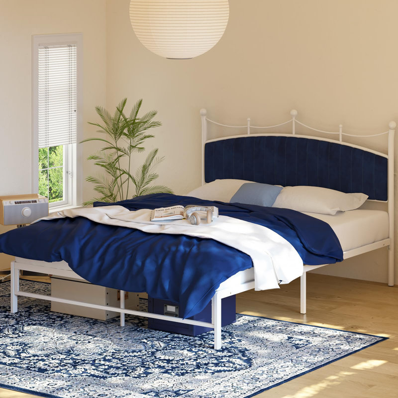 Metal Blue Queen Bed With Velvet Upholstered Headboard, Storage, White/Blue