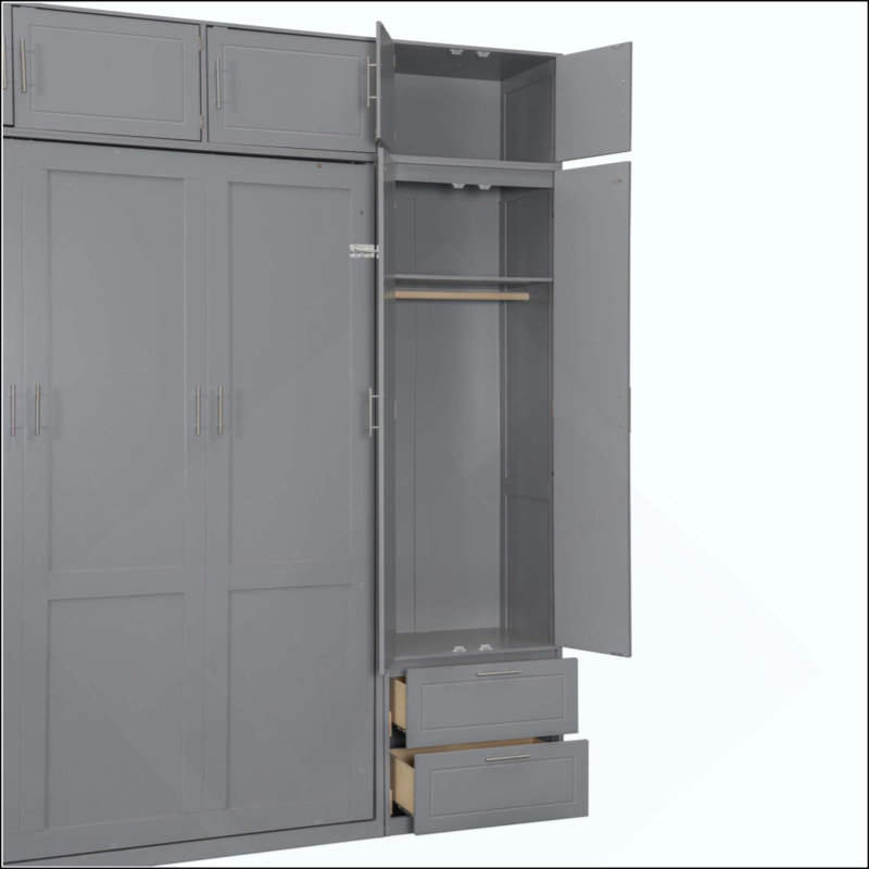 Lit escamotable mural avec armoire supérieure, tablettes et garde-robe, lit pliable peu encombrant, Grey