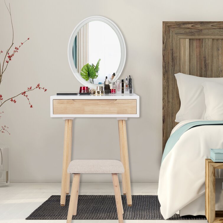 Leicester Vanity Table Set with Adjustable Brightness Mirror and Cushioned Stool Wade Logan Color: Wood/White