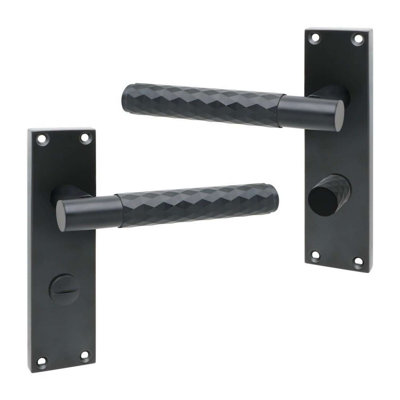 Golden Grace 1 Pair Victorian Knurled Diamond Cut Bathroom Door Handle Matt Black Metal Tubular Latch Mortise Lock Set with Fixing Screws - 150mm x 40mm