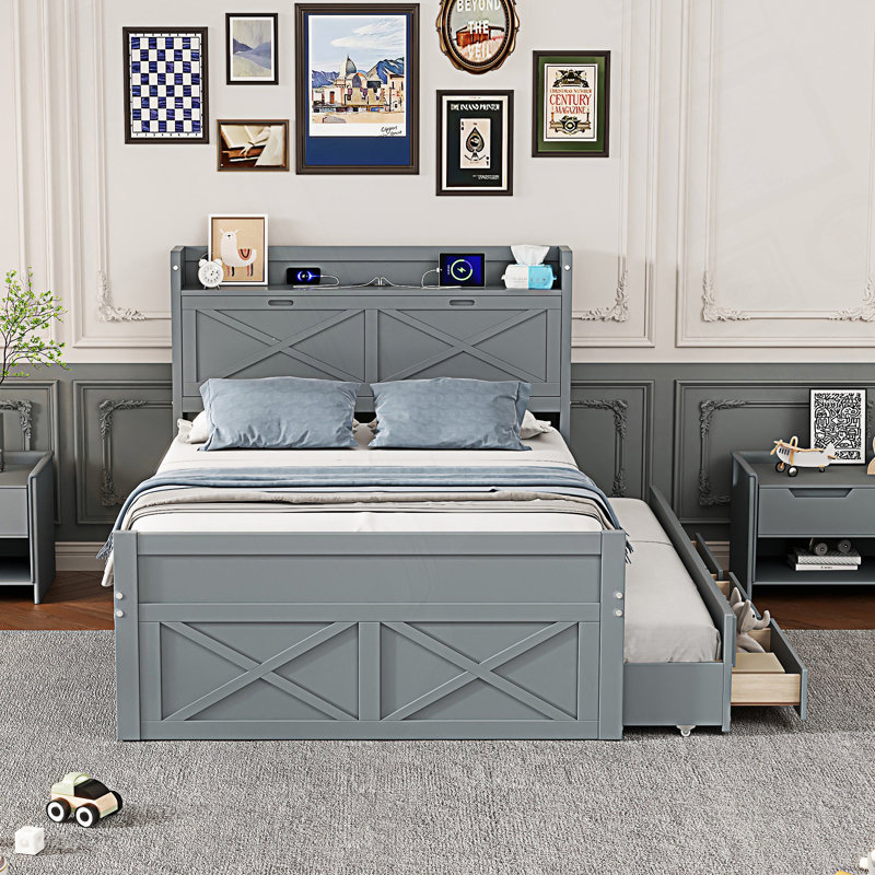 Lit double moderne avec tête de lit avec prises de courant, lit extensible avec lit gigogne simple et trois tiroirs de rangement