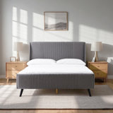 Upholstered Wingback Wooden Platform Bed Frame with Headboard, No Box Spring Needed