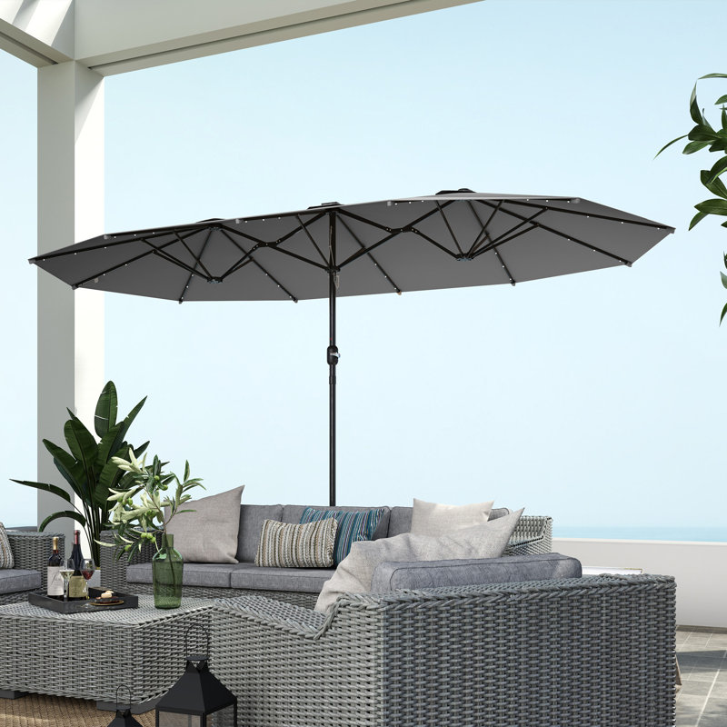 Parasol à double face, parasol de jardin extérieur, parasol de patio avec lumière solaire à DEL, base sable, Gris foncé