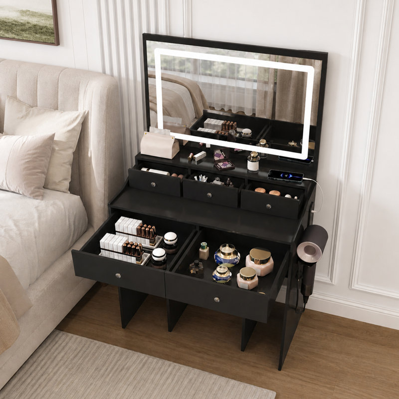Zorvani Makeup Vanity Set with Stool LED Mirror Power Outlet Hair Dryer Holder 5 Drawers, Black