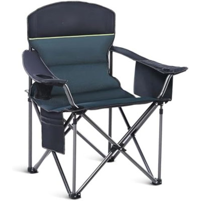 Chaises de camping surdimensionnées entièrement rembourrées avec support lombaire | Armoire en acier robuste de 500 lb, robuste, durable, sac isotherme, tissu Oxford 600D, porte-gobelet, sac de transport, poche, facile à installer