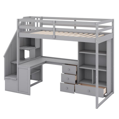 Loft Bed With L-Shaped Desk And Drawers,Cabinet And Storage Staircase