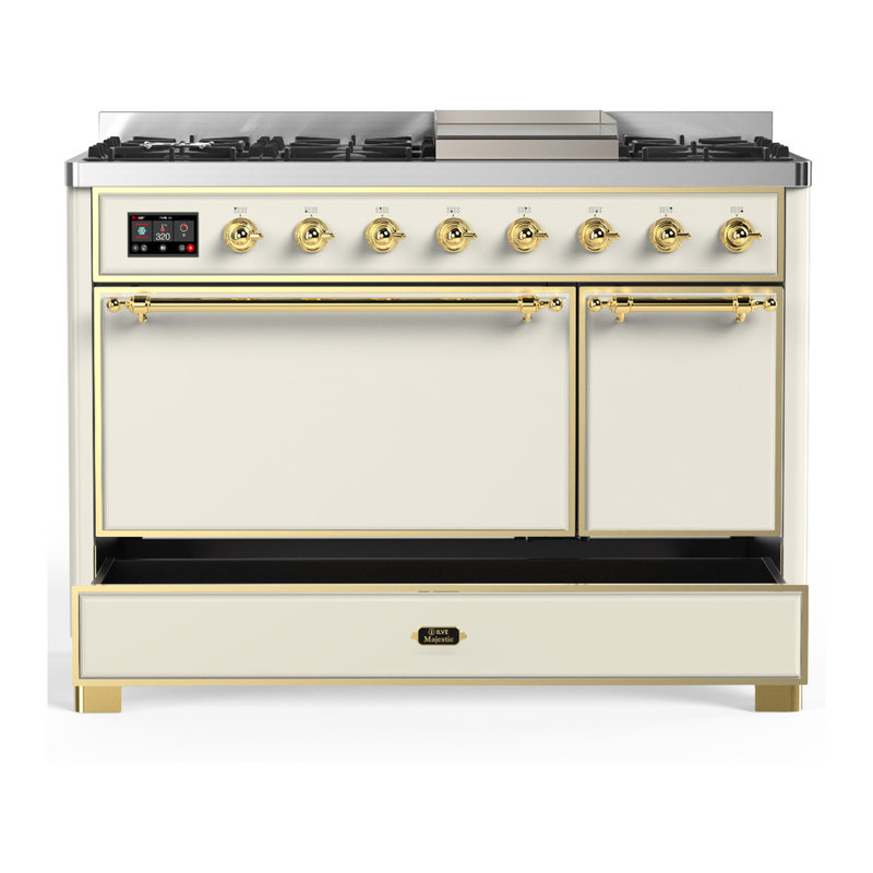Majestic III Series 48 Inch Dual Fuel Range with 5 Sealed Burners, Griddle, Frenchtop in Antique White (Natural Gas, Brass Trim)