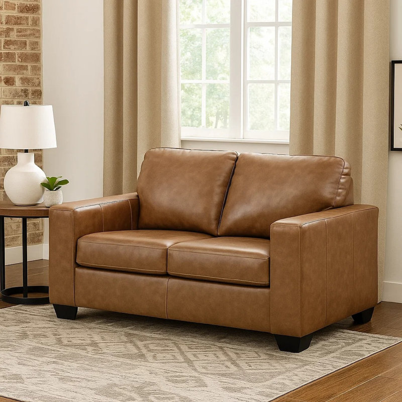 Causeuse Miller, cuir véritable brun caramel et simili cuir 62 pouces