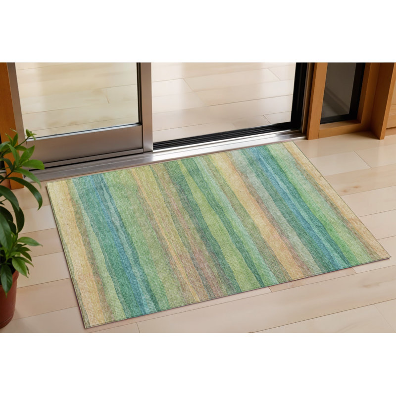 Tapis intérieur / extérieur 3 pi x 5 pi rayé vert pêche et bleu sarcelle lavable