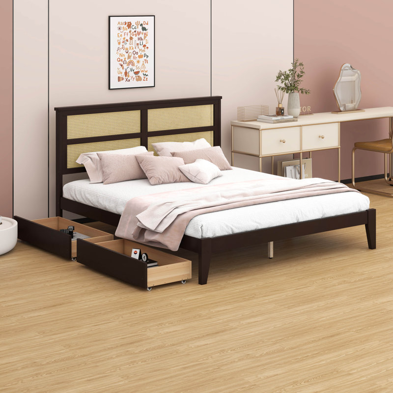 Lit avec tête de lit en rotin, deux tiroirs de rangement, lit en bois d'hévéa avec support et pieds améliorés, Chêne blanc