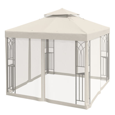 8 Ft. W x 8 Ft. D Patio Steel Soft top Double Roof Gazebo with Netting & Corner Shelves