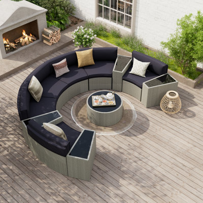 Dartmore Half-Moon 6 - Person Fully Assembled Curved Patio Conversation Set With Fire Pit Table or Coffee Table