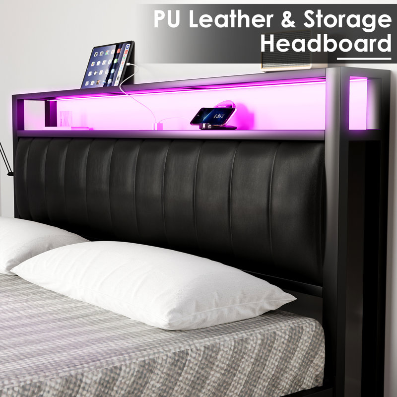 Black Queen Upholstered Bed Frame with LED and Storage
