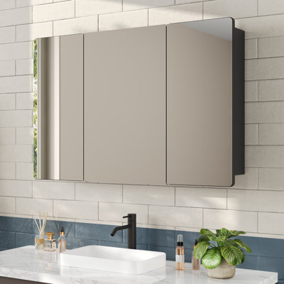 48" W x 31" H 3-Door Mirror Cabinet with UV Toothbrush Holder, Adjustable Glass Shelves & Inner Hooks, All-in-One Bathroom Storage, Black Aluminum Frame