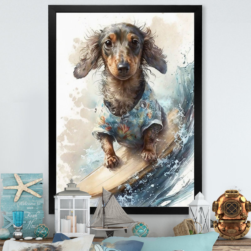 «Dog Surfing I», impression sur toile, Impression noire sur toile encadrée, H 20 po x l 12 po x P 1 po