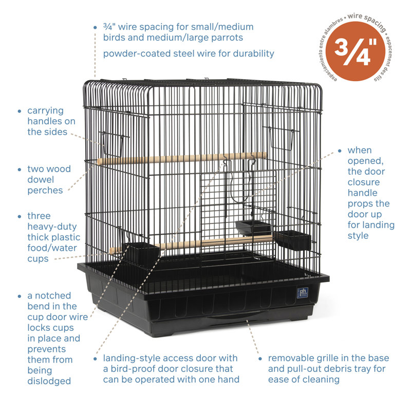 Black Square Roof Parrot Cage with Perches and Dishes