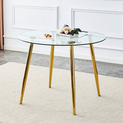 Table de salle à manger de style moderne avec plateau en verre de 40 pouces et pieds en métal doré pour familles