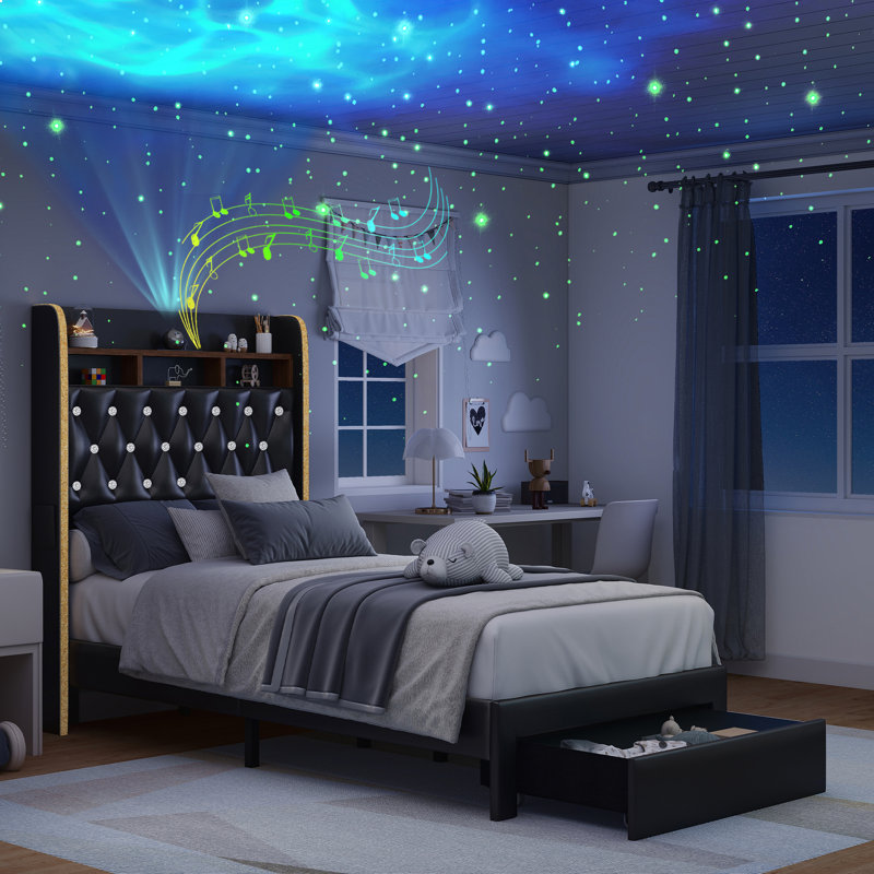 Cadre de lit Aurora avec tiroirs et tête de lit avec rangement, cadre de lit Galaxy Star, Noir