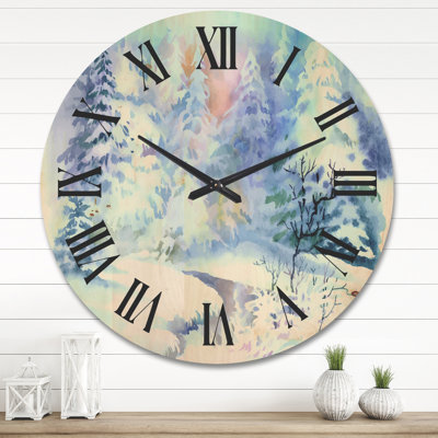 Horloge murale en bois paysage d'hiver avec rivière enneigée I