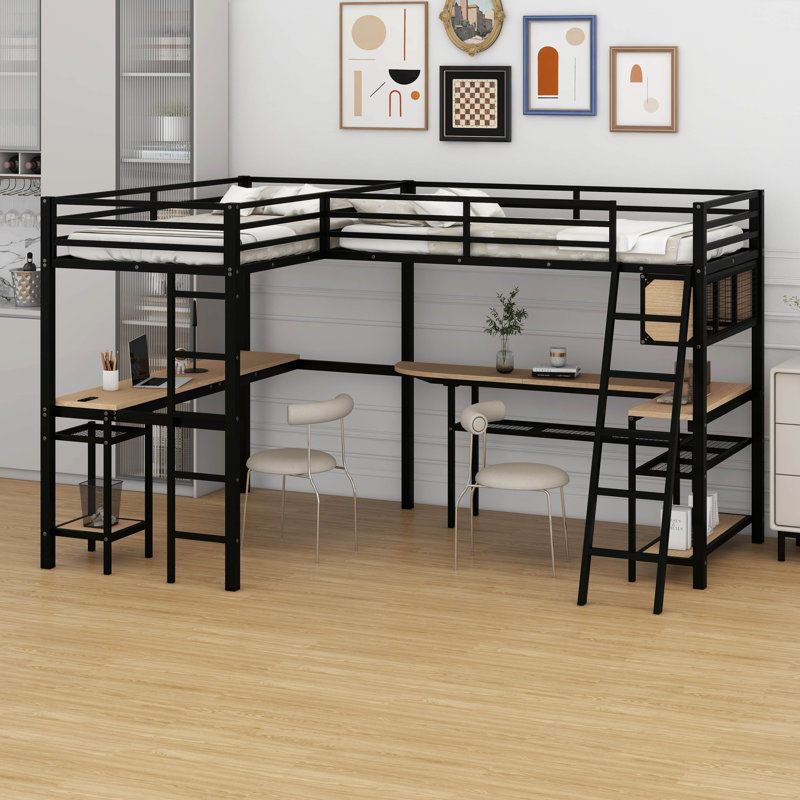 Twin Size Metal L-Shaped Loft Bed – LED Lights, Storage Shelves, 2 Charging Stations & 2 Built-In Desks